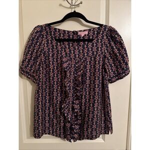 Lilly Pulitzer Silk Ruffle Front Navy And Pink Blouse Shirt Sz 2 Beachy Preppy